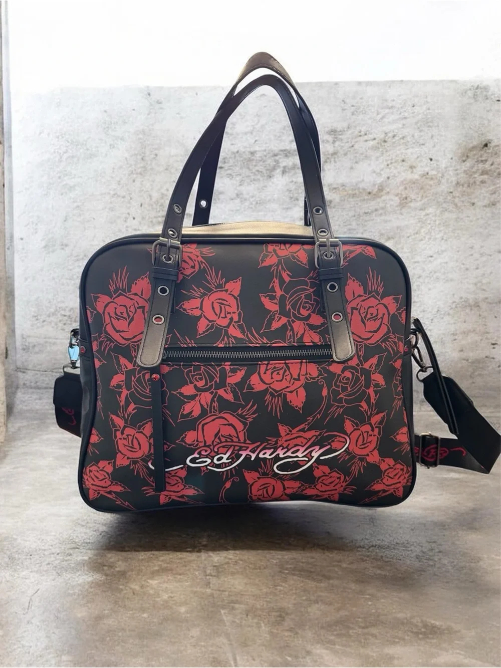 Ed Hardy Black & Red Skull Rose Satchel with Stud Accents